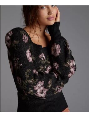 Anthropologie Square Neck Floral Sweater Black and Pink Size XS